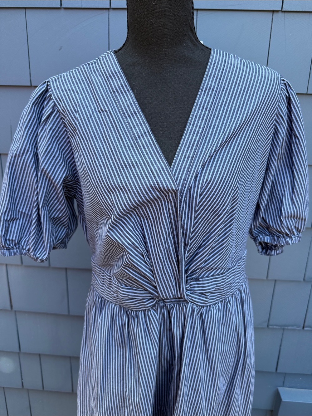 Striped V-Neck Maxi Dress with Puff Sleeves - Blue/White Med cotton - Picture 2 of 11